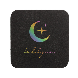If you are throwing a baby shower, this custom coaster is for you! Featuring a beautiful moon and stars motif, you can personalize this coaster with the name of the baby to be. 