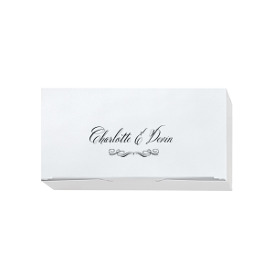 Send your guests home in style with Formal Script Wedding Boxes. Fit for royalty, each box features a grand script underscored by an exquisite flourish. A touch of elegance, these boxes elegantly convey the newlyweds' gratitude while leaving a lasting impression of class. 