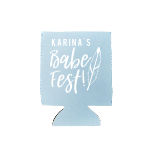 Our custom Powder Blue Flat Can Cooler with Matte White Ink has a Feather graphic and is good for use in Accents, Trendy, Southwestern themed parties and will impress guests like no other. Make this party unforgettable.
