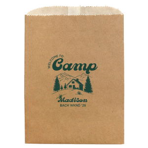 Send home memories with the Welcome to Camp Bachelorette Gift Bag. The scenic design is ideal for destination bachelorette events but is suitable for any outdoorsy occasion. Perfect for sending home goodies and party favors, the customizable gift bag makes for a wonderful memento of your momentous party occasion. 