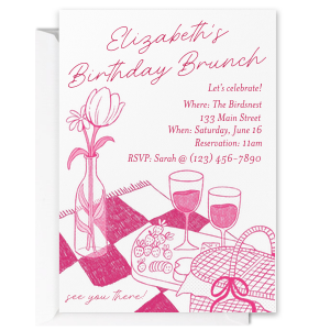 Make a colorful first impression with the Birthday Brunch Invitation. Featuring hand drawn artwork of a springtime picnic outing, the invitation is perfect for birthdays, bridal showers, housewarming and other such occasions. with easy customization options you are able to create a bespoke and welcoming invitation. 