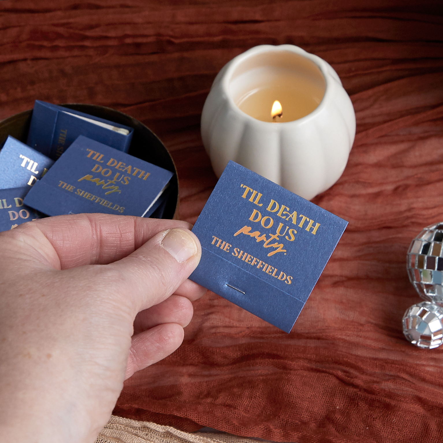 Matchbooks with text "til death do us party"