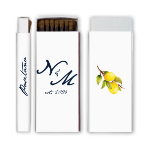 Give your guests a memorable wedding favor with this matchbox! Featuring a watercolor lemon graphic, this custom matchbox can be personalized with the date and location of your wedding. 