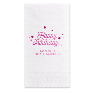 Celebrate the birthday star with the Happy Birthday Bubbles Name & Custom Phrase Napkin. Vibrant script and whimsical dots highlight their name, while your tailored message adds a one-of-a-kind touch, turning each napkin into a keepsake of the day's jubilant festivities.