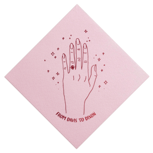 ForYourParty's chic Pastel Pink Linen Like Cocktail Napkin with Shiny Rose Quartz Foil has a Engaged Hand graphic and is good for use in Bridal Shower, Wedding themed parties and will give your party the personalized touch every host desires.