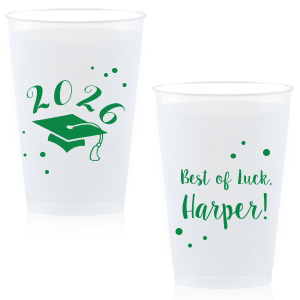 Celebrate commencement with the Good Luck Grad Cup, featuring a soaring graduation cap against a shower of confetti. 'Best of Luck' wishes on the back, alongside the graduate's name, toast to future endeavors with exuberant cheer.