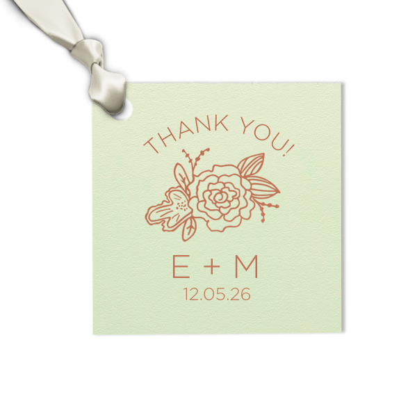 Tie party favors with this cute custom gift tag for a personalized thank you! Combined with your initials and wedding date, the Peony graphic, Mint paper and Copper foil will be excellent finishing touches to your greenery themed bridal shower, engagement party or wedding.