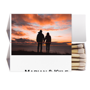 Our beautiful custom White Classic Custom Photo Matchbox with Matte Black Ink Digital Print Colors and Matte Fuchsia Ink Digital Print Colors will impress guests like no other. Make this party unforgettable.