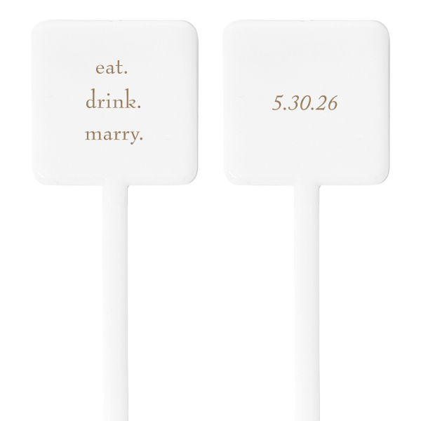 Stir up some matrimonial fun with the Eat. Drink. Marry. Stir Stick, where a playful trio of words sets the tone for nuptial bliss. This clever, stylized commandment turns every beverage into a celebration of love's recipe, complete with the wedding date on the flip side.