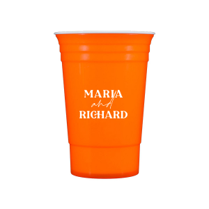 The Pasta Party Names Cup brings a personalized and memorable touch to your next event. The modern and funky font helps nail an eclectic style. This custom cup is ideal for celebrating your wedding or rehearsal dinner. 