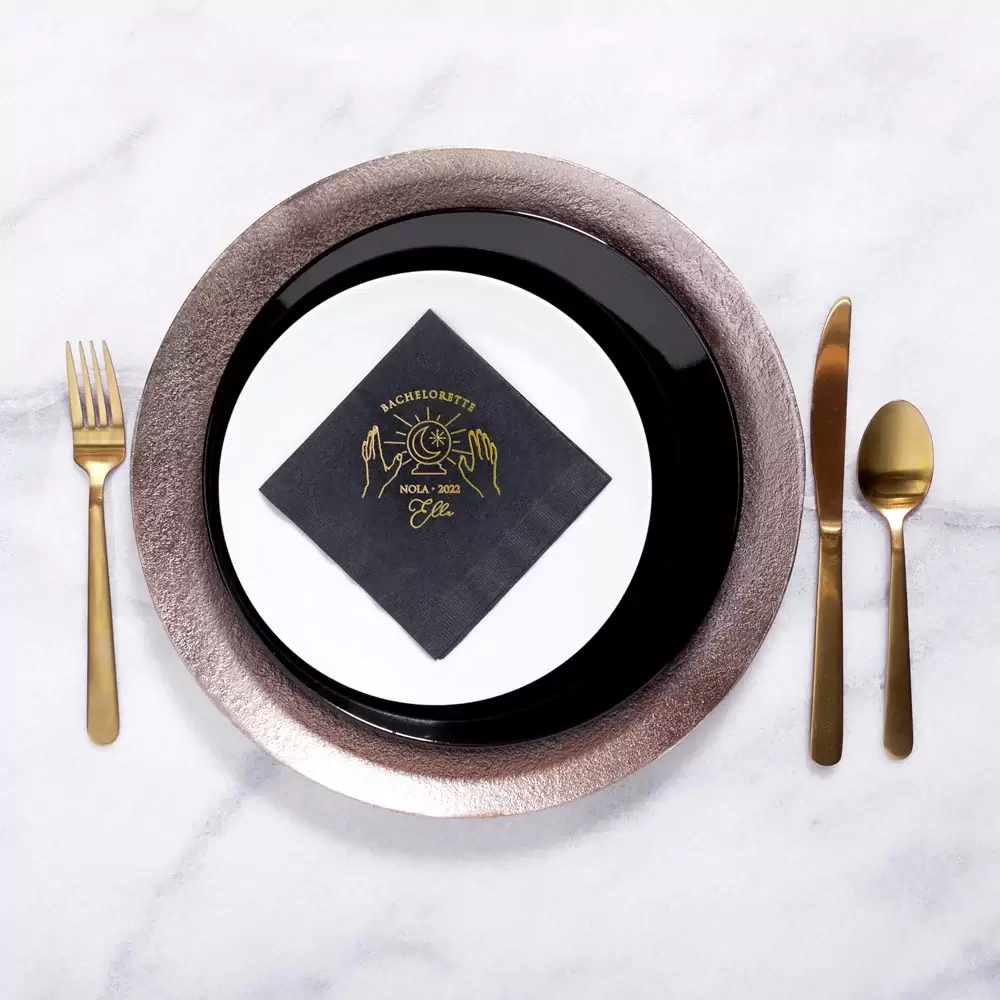 Black Personalized Napkins with Gold Foil Stamping from For Your Party