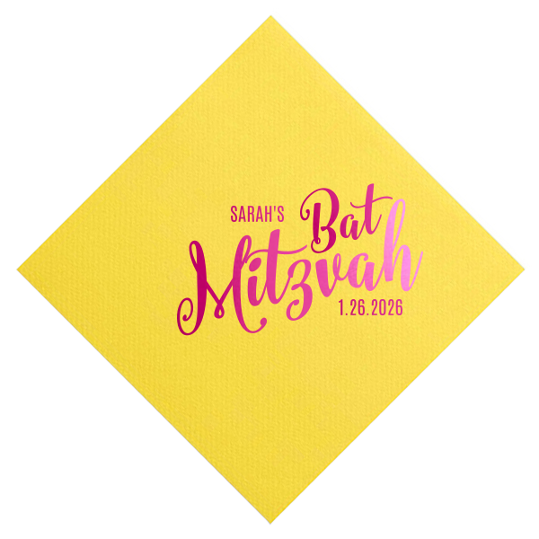 Infuse joy into coming-of-age celebrations with the Mitzvah Fun Script Napkin, boasting a playful script fit for Bat or Bar Mitzvah festivities. The exuberant flourishes surrounding the celebrant's name and date capture the lively spirit of this significant occasion.