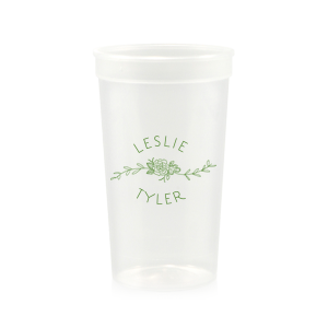 The ever-popular Light Pink 16 oz Stadium Cup with Matte White Ink Cup Ink Colors has a Peony Flourish 2 graphic and is good for use in Floral themed parties and can be personalized to match your party's exact theme and tempo.