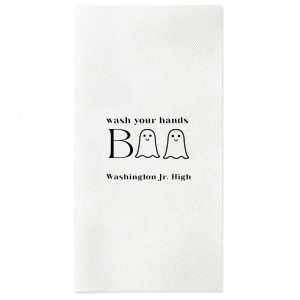 The Wash Your Hands Boo Napkin will elevate your bathroom this Halloween season. Two ghosts help spell out "wash your hands boo." You can personalize with your name, school, or location of your Halloween party!