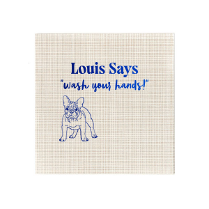 Keep things tidy with the Paws & Clean Custom Napkin, customized with your dog's name and the gentle reminder to 'wash your hands,' accompanied by an adorable dog graphic. Ideal for any dog lover's bathroom decor.