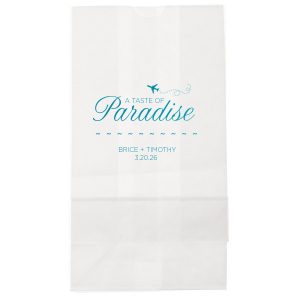 Embark on a tropical journey with the Paradise Destination Gift Bag featuring 'Paradise' in vibrant script with an airplane soaring above. Beneath this scene, the couple's names and date await, inviting guests to your sun-kissed celebration.