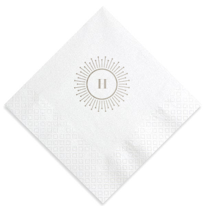 Our beautiful custom Crystal White Shimmer Cocktail Napkin with Shiny Green Tea Imprint Foil Color has a sunburst frame 2 graphic and is good for use in Elegant themed parties and will give your party the personalized touch every host desires.