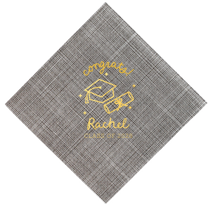 Celebrate the graduate's success with the Scripted Cap & Diploma Grad Napkin, elegantly personalized with the graduate's name and year in a handwritten script font. Featuring a classic graduation cap and diploma graphic, it's a sophisticated touch for any graduation festivity.