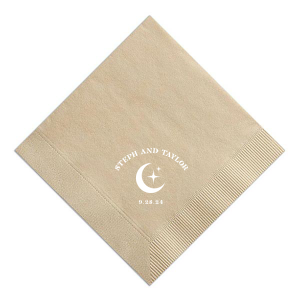 Unite under the stars with the Celestial Love Date Napkin, where the couple's names form an arch over a serene star and moon graphic, complemented by the wedding date in a clean, minimal style. A heavenly detail for your special day.