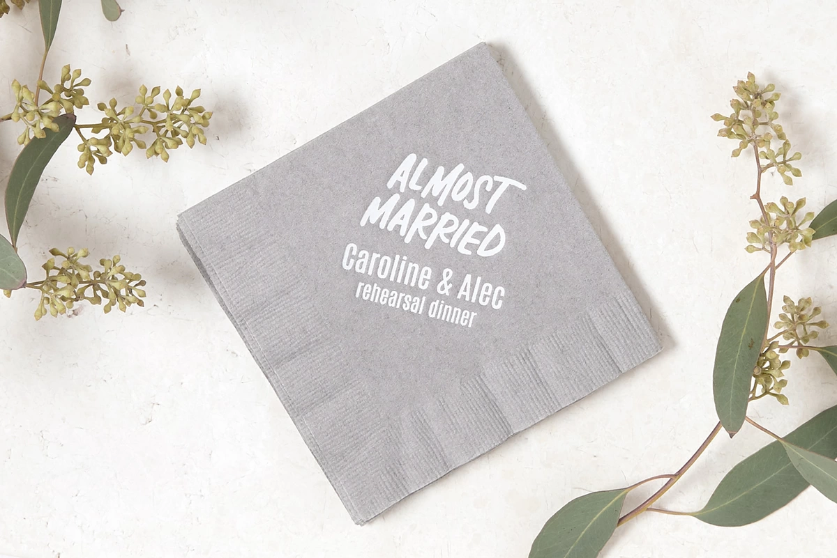 grey "Almost Married" cocktail napkins are perfect for rehearsal dinners