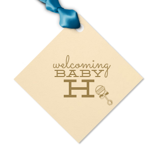 Personalized Poptone Mimosa Diamond Gift Tag with Shiny Lavender Foil has a Baby Rattle graphic and is good for use in Baby Shower themed parties and are a must-have for your next event—whatever the celebration!
