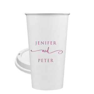 The Swirl Script Duo Cup design combines simplicity with a dash of flair. The couple's names are elegantly stacked, connected by a playful, elongated 'and' in swirling lowercase script. This design adds a touch of whimsy to a classic, understated style.