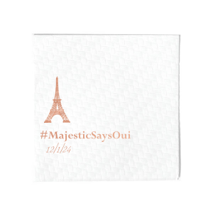 The ever-popular Woven White Woven Cocktail Napkin with Shiny Rose Gold Foil has a Eiffel Tower graphic and is good for use in Travel themed parties and will look fabulous with your unique touch. Your guests will agree!