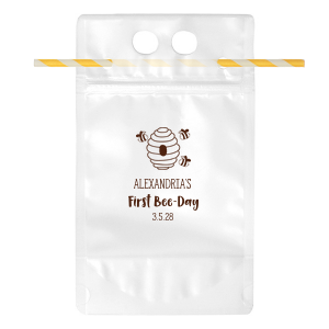 Every sip is sweeter with the First Bee Day Birthday Drink Pouch. Customize the text and color to create a memorable party favor enjoyed by child and adults alike!