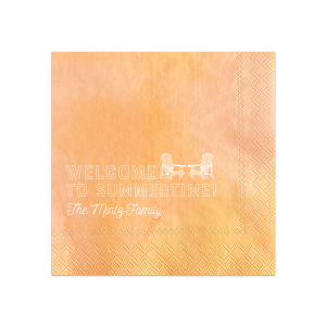 Celebrate the season with the Welcome to Summertime Napkin. Two Adirondack chairs beckon under the sun, ready for lively outdoor gatherings. This napkin is your invitation to relax, with your family name adding a personal touch to the ultimate summer vibe.