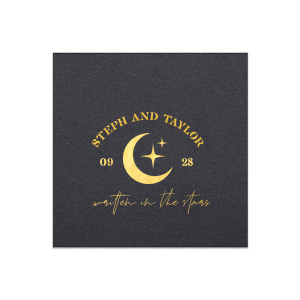 Set a celestial stage for your nuptials with the Celestial Matrimony Napkin, displaying the couple's names arched above a moon and stars, framed by the wedding date, and finished with the romantic phrase "Written in the Stars." A heavenly touch for your star-crossed celebration.