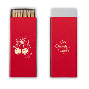 Cheeriness is palatable with the Cherry Couple Matchbox! The cute design of two cherries interlocked with a bow is customizable in a variety of colors and match styles to best express your sweet sentiments. Perfect for weddings, engagements, valentines or as mementos, the stylish product is sure to be a sweet addition.