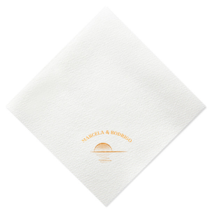Seal your day with the Sunset Vows Arch Napkin, capturing the romance of a setting sun behind the couple's names in an elegant arch. This design sets a serene scene, perfect for a wedding infused with the glow of new beginnings.