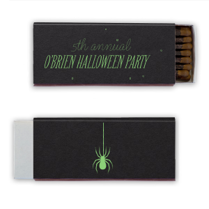 Creep into the spirit with the Spooky Spider Halloween Matchbox. A solitary spider dangles ominously, setting the tone for a spine-chilling soirée. The reverse side offers personalization, ensuring your Halloween event is as unique as it is eerie.