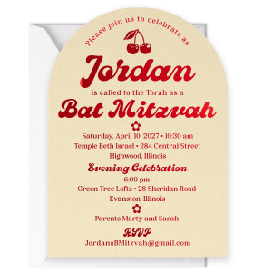 Celebrate special occasions with our delightful Happy Cherry Bar and Bat Mitzvah invitation, designed to perfectly capture the spirit of this joyous event. The invitation features a vibrant cherry motif at the top, symbolizing both sweetness and new beginnings. Personalize the colors of this invitation to match your event color scheme.