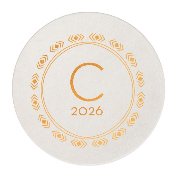 The ever-popular White Round Coaster with Shiny Copper Foil has a Diamond Wreath graphic and is good for use in Aztec, Indie themed parties and can be personalized to match your party's exact theme and tempo.