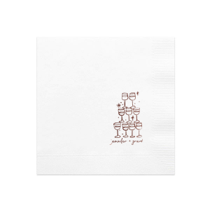 Elevate your wedding's charm with the Kitschy Cocktail Hour Pyramid Toast Napkin, where the couple's names rest below an illustrative pyramid of wine glasses—symbolizing a collective celebration of love. A whimsical yet modern detail for your special day.