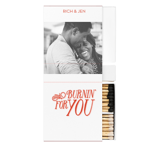 ForYourParty's chic White Classic Custom Photo Matchbox with Matte Blush Ink Digital Print Colors and Matte Poppy Ink Digital Print Colors has a Burning For You graphic and a Burning For You graphic and is good for use in Words, Calligraphy, Wedding themed parties and will make your guests swoon. Personalize your party's theme today.