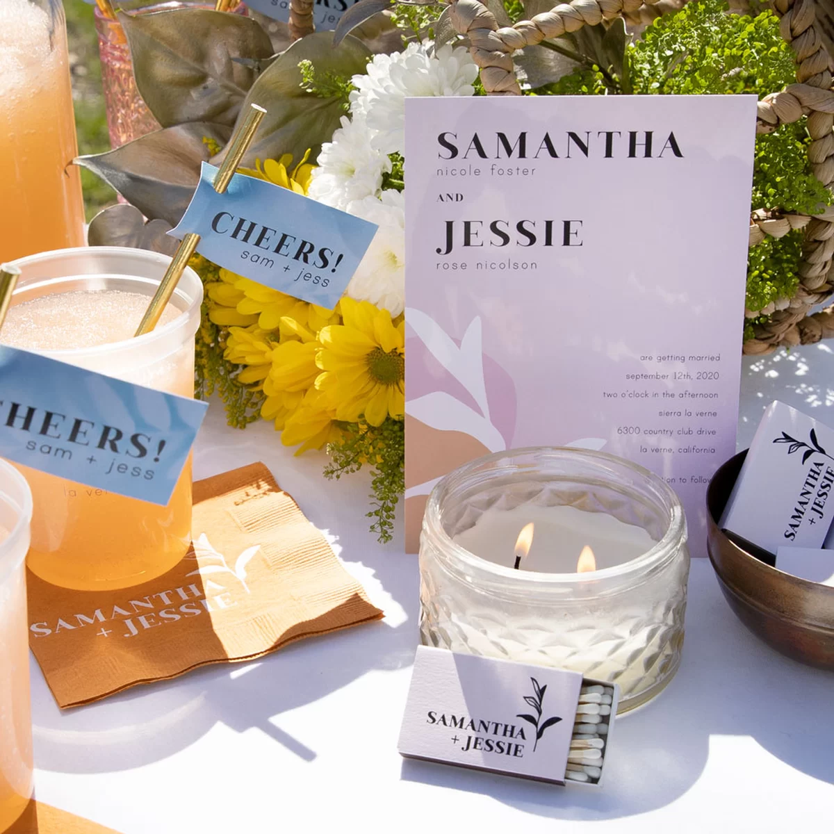 Shop the Marry Gold Collection Custom Straw Tags, Cocktail Napkins, Invitation and Matchbox