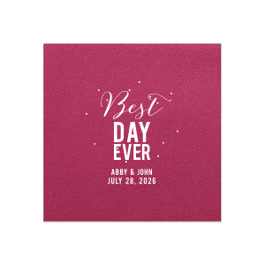 The Best Day Ever Name Confetti Napkin bursts with celebratory energy. A jubilant "best day ever" sets the tone, and streaming confetti dots enliven the design. The couple's names and the celebration date below ground this exuberant expression. 