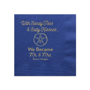 Bring your wedding party to the beach! With our Sand Dollar graphic, cute saying and script font, these blue napkins will. Personalize with your names for a breezy complement to any destination wedding hors d'oeuvre and bar.