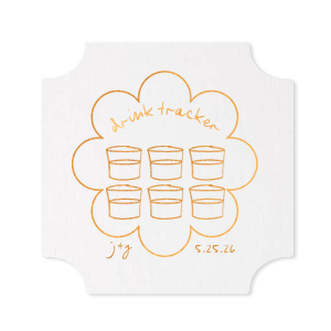 Keep tabs on the evening's libations with the Kitschy Cocktail Hour Drink Tracker Coaster, an inventive element for a whimsical and modern wedding. This unique coaster features floral-framed modern line drawings of glasses, providing a chic way for guests to mark their drink count. Personalize with the couple's initials and wedding date for a functional yet stylish keepsake.