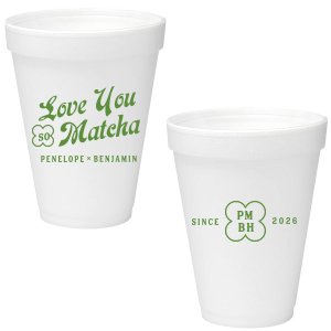 Customize a modern and unique cup for your upcoming event! Featuring text that says Love You so Matcha, you can personalize this cup with the couple's names, initials, and date.