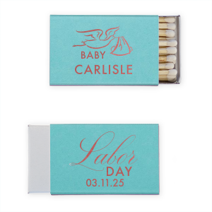 Bundle of Joy. Celebrate the upcoming arrival with the Labor Day Stork Matchbox. Featuring a charming vintage-inspired stork graphic and playful "Labor Day" script, this design adds a touch of nostalgic charm to your baby announcement. Perfect for sharing the joyful news in a whimsical and memorable way.