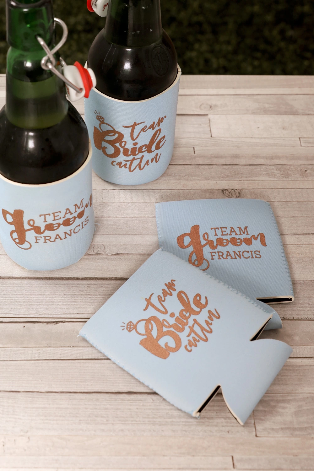 personalized coordinating "team bride and team groom" koozies
