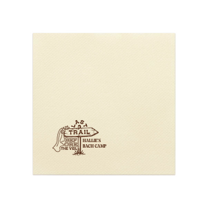 Embark on the ultimate pre-wedding hike with the Camp Bachelorette Last Trail Napkin, featuring a trailhead arrow donning a bridal veil and the playful words "Last Trail Before the Veil." Personalize with the bachelorette's name for a whimsical touch to your wilderness celebration.