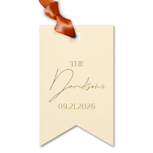 Add a personalized touch to your wedding favors with the Boho Terracotta Wedding Date Gift Tag. This tag begins with "The" in a stately serif font, followed by the newlyweds' surname in a graceful script. Finalize this bespoke detail with the date of your special day, all in the same classic font, capturing the essence of your chic and moody fall celebration.