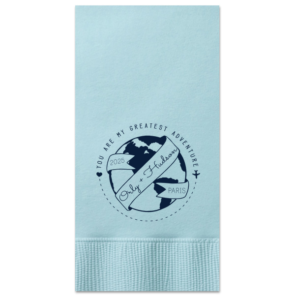 ForYourParty's chic RECYCLED Sky Blue Cocktail Napkin with Matte Navy Foil has a World Badge graphic and is good for use in Wedding, Baby Shower, Travel themed parties and will impress guests like no other. Make this party unforgettable.