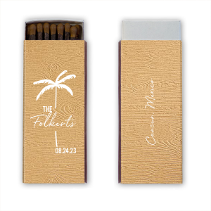 Your guests will be impressed by the tropical Palm Tree Wedding Matchbox at your next event! The wood textured paper gives it a natural feel that adds another touch of uniqueness to your keepsakes. Customize the text in your choice of fonts and colors to best match the vibe of your summertime bash.