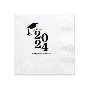 Commemorate the culmination of hard work with the Bold Year Graduate Cap Napkin, personalized with the graduate's name and the year set in a bold font, alongside a distinguished graduation cap graphic. A proud addition to any graduation party's decor.