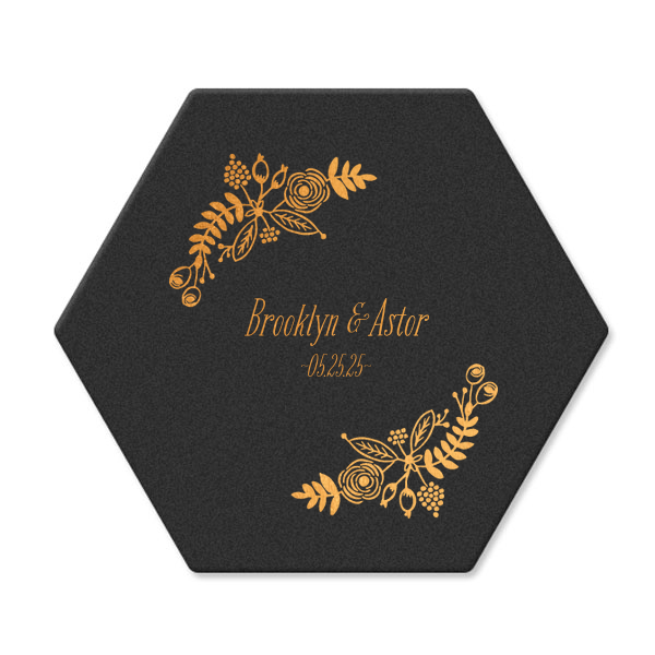 ForYourParty's personalized Blush w/ Kraft back Hexagon Coaster with Shiny Copper Foil Color has a Rustic Floral Frame 2 graphic and is good for use in Frames themed parties and are a must-have for your next event—whatever the celebration!